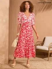 Love & Roses Red Shell V-Neck Ruched Sleeve Midi Dress (AP7100) | $150