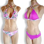 MED Rip Curl reversible strappy triangle bikini top White purple-pink flamingoes