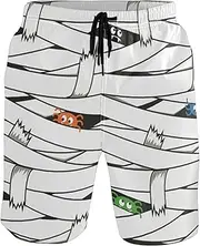 [GuoChe] Mens Swim Trunks Mummy Bandages Happy Halloween Spiders Quick Dry Beachwear Beach Swim Shorts Pants with Mesh Lining