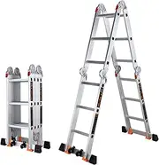 12 FT Folding Ladder Multi-Purpose Aluminium Extension Ladder 7 in 1 Step Heavy Duty Combination Foldable Scaffold Ladder with Movable Wheels Stabilizer Bar for Home Or Outdoor