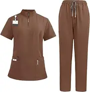 [Tadill] Nursing Scrub Set Nurse Workwear for Beauty Center Pet Groomer, Brown, M