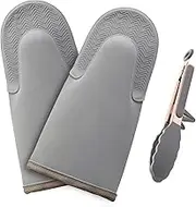 Pazash Oven Mitts Set, Heat Resistant 600F Silicone Oven Mitts, Soft Lining Good Grip Oven Mitt Set, Waterproof Mitt Potholders, Oven Gloves and Food Tong Sets,for Grilling, Baking, Cooking