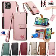 For iPhone 16 15 14 13 12 11 Pro Max RFID Zipper Leather Wallet Case Flip Cover