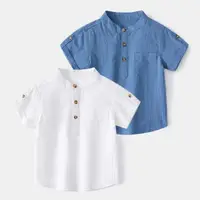 在飛比找momo購物網優惠-【橘魔法】直條紋路立領短袖襯衫 (立領襯衫 短袖上衣 兒童 