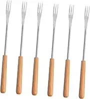 TIDTALEO 6pcs Stainless Steel Fondue Forks with Wood Handles Heat Insulating Outdoor BBQ Tools for Fruit Dessert and Hot Pot for Picnics and Camping