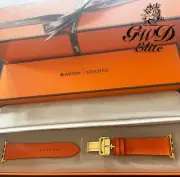 Hermes Apple Watch SERIES 7 w/ Orange Feu Deployment 24k Gold Plated 42mm band
