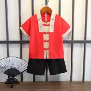 2pcs Retro Kids Boys Tang Suit Top Ethnic Short Frog Button Crane Embroidered