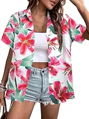 [QLIPIN] Hawaiian Shirt for Women Floral Tropical Button Down Shirts Summer Beach Blouse Hawaii Button Up Short Sleeve Top
