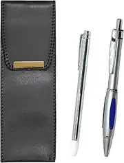 Eco Leather Pen Case, Metal Indicator Stick and Metal Scorpion Shocking Ballpoint Pen Set, Silver, BR-701S-B989A-S