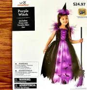 Girls Light Up Purple Witch Dress Hat Halloween Costume Child Size S(6/6X) New