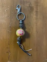 NEW! Vintage Leather & Wood Flower Purse Fob Chain / Key Ring