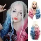 Platinum Blonde White Roots to Haly Baby Pink Half Blue Hair Long Curly Wave Syn