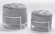 Premium set of 2 round nesting ottomans grey velvet