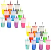 Reusable Plastic Cups with Straws & Lids,20Pcs 24oz Cold Iced Coffee Drinking Cup Colorful Straw Tumblers Bulk,Durable Color Changing Cups for Adults Kid Beach Wedding Party 9.8x17.3 cm (20)