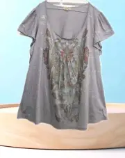 NWT One World Plus 2X Babydoll Gray Floral Short Sleeve Sparkle Top