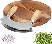 Ulu Cutter Rocker Slicer With Round Cutting Board Mezzaluna Chopper Rustproof Pizza Cutter Stainless Steel Rocker Chopper With Double Wood Handles for Vegetable Pizza