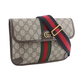 【GUCCI 古馳】Ophidia GG Supreme 帆布綠紅織帶小款腰包 90cm (米色/烏木色)/平行輸入