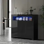 Oikiture Buffet Sideboard, LED Kitchen Table Storage Cabinet with High Gloss and Open Shelf Black