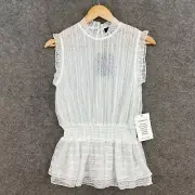 NEW Decjuba Top Womens XS White Lace Sleeveless Elastic Waist Blouse 18134