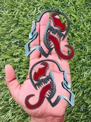 Venom Red Eye Red Tongue Emblem Badges set of 2 Silver Custom Made in USA New
