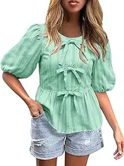 [FARORO] Women's Summer Dressy Casual Tops Short Puff Sleeve Babydoll Peplum Blouse Bow Tie Front Hollow Out Lace Shirts
