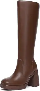 [Athlefit] Black Knee High Boots for Women Platform Tall Boots Fashion Square Toe Chunky Heeled Booties
