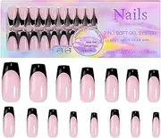 Black French Gel Nail Tips - Long Square Black Press Nails - Labor-Saving Nail Decorations for Party, Dating, Work, Daily Life, School