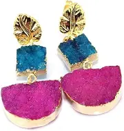 [Myesha] Jewels Druzy Stone Metal earrings for women, Sky Blue Pink Natural Druzy With Leaf Top Earring stylish Jewellery, Crystal Fancy Party Wear Earrings for Girls and Women with free Jewelry Box