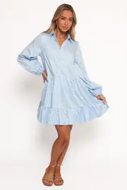 [PUP14] Carlotta Long Sleeve Mini Dress - Blue XS Blue