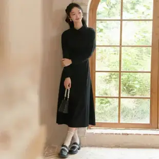 【HSTYLE】連身裙 優雅排釦質感長袖洋裝NFD0325-長袖黑色,M