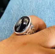 Black Agate Ring, Men Haqeeq, Black Aqeeq, Carnelian Stone, Handmade Ring, 925