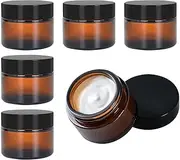 LYSAIMG 6Pcs Amber Glass Empty Jar,30g Empty Refillable Cosmetic Face Cream Lip Balm Storage Jars,Bottle Container Pot with Liners and Screw Black Lid for Make up Essential Oils Lotion