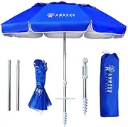AMMSUN 6ft Folded Beach Umbrella with Tilt Portable Silver Coating Inside UV Protection Stripe for Sun and Outdoor with Sand Anchor (Black)