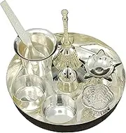 Silver Plated Pooja Thali Set with 5 inch Plate Bowls Glass Spoon ghanti agarbatti Stand Diya kumkum Stand Daily Puja Decorative Home Office Wedding Return Gift Items