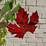 Red Maple Leaf Stained Glass Suncatcher Window or Wall Hanging Fall Panel Decor