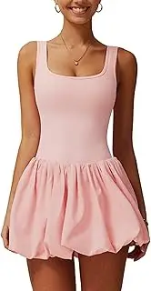 ABOCIW Womens Bubble Tennis Dress Squre Neck Sleeveless Workout Golf Athletic Dress Built in Bra & Shorts with Pockets