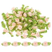 Mini Ribbon Roses, 200 Pcs Satin Fabric Flowers with Green Leaves, Light Pink