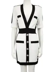 White Metallic Knit Contrast Trim Dress