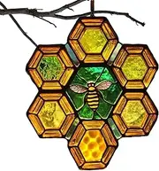Bee Ornament - Acrylic Bee Garden Decor,Honeycomb Pendant, Decorative Nature-Inspired Sun Catcher for Window Kitchen Garden Kids Room