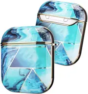 Airpod Case For Apple Airpods Gen 1 & 2 - Electroplated Marble Luxury Design Protective Cover With Clip Keychain - Supports Wireless Qi Charging For Airpods Generation 1 & 2 - Ocean Blue Marble