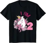 [X.Style] Kids 2nd Birthday Girls I Am 2 Years Old Cute Unicorn Birthday ds670 T-Shirt (S) Black