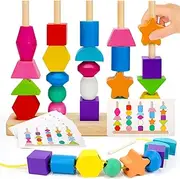 Montessori Toys for 2 3 4 Year Old Kid Boy Girl Toddler, Montessori Wooden Beads Sequencing Toy Set, Lacing Beads & Stacking Block & Matching Shape Stacker, STEM Preschool Learning Toy Birthday Gift