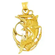 14K Gold Marlin Fish Caught In Ship Anchor Pendant