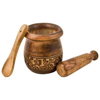 Wooden Carved Mortar and Pestle | Grinder for Herbs, Spices and Kitchen Usage...