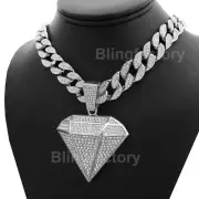 Silver Plated Alloy Diamond Shape & 20" Iced Cubic Zirconia Cuban Chain Necklace