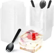 8oz Plastic Dessert Cups with Lids and Forks Cupcake Container Clear Square Sing