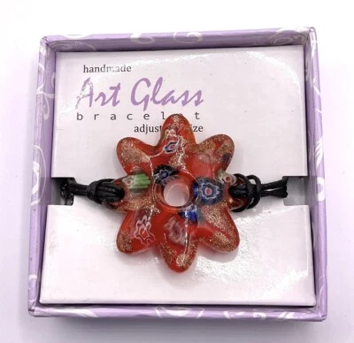 Vintage Handmade Red Flower Blown Art Glass Floral Millefiori Design Bracelet