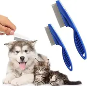 2 Pack Professional Pet Grooming Comb Kit, Stainless Steel Magic Tear Stain & Flea Removal Comb, Fine/Coarse Teeth Detangling Brush for Dogs, Cats, Puppies with Short/Long/Curly Hair (Blue)