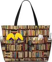 [Ghjkfbf] Neat Bookshelf Print Large Capacity Beach Travel Bag For Family, Beach Tote Bag For Women With Zipper Pockets, Black, One Size