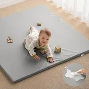 Blissful Diary Vegan Leather Baby Play Mat, 50x50 Thicken Foam Cushioned & Waterproof Playpen Mat for Infants and Toddlers, Stylish and Just Wipe-Clean Crawling Mat for Babyplay on Floor, Brown Gray